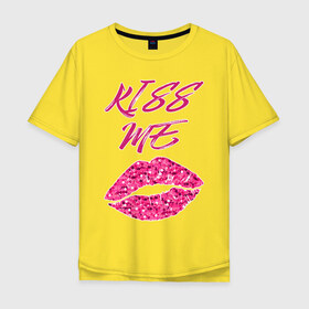 Мужская футболка хлопок Oversize с принтом Kiss me в Белгороде, 100% хлопок | свободный крой, круглый ворот, “спинка” длиннее передней части | блеск | губы | поцелуй | розовый