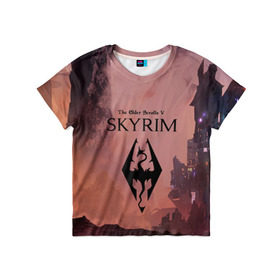 Детская футболка 3D с принтом The Elder Scrolls 5 Skyrim в Белгороде, 100% гипоаллергенный полиэфир | прямой крой, круглый вырез горловины, длина до линии бедер, чуть спущенное плечо, ткань немного тянется | Тематика изображения на принте: 