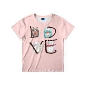 Детская футболка 3D с принтом LOVE зверушки в Белгороде, 100% гипоаллергенный полиэфир | прямой крой, круглый вырез горловины, длина до линии бедер, чуть спущенное плечо, ткань немного тянется | love