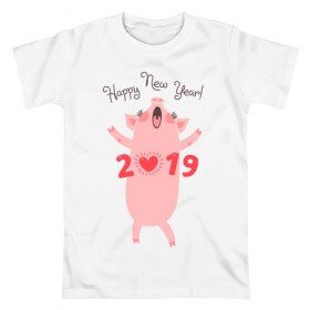 Мужская футболка хлопок с принтом Happy New Year 2019 в Белгороде, 100% хлопок | прямой крой, круглый вырез горловины, длина до линии бедер, слегка спущенное плечо. | 