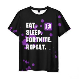 Мужская футболка 3D с принтом Eat Sleep Fortnite Repeat в Белгороде, 100% полиэфир | прямой крой, круглый вырез горловины, длина до линии бедер | battle | boss | epic | floss | fortnite | game | games | lama | pubg | pvp | royale | save | survival | the | world | битва | выживание | дроп | игра | игры | королевская | лама | массакр | мир | пабг | спасти | фортнайт