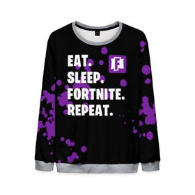 Мужской свитшот 3D с принтом Eat Sleep Fortnite Repeat в Белгороде, 100% полиэстер с мягким внутренним слоем | круглый вырез горловины, мягкая резинка на манжетах и поясе, свободная посадка по фигуре | Тематика изображения на принте: battle | boss | epic | floss | fortnite | game | games | lama | pubg | pvp | royale | save | survival | the | world | битва | выживание | дроп | игра | игры | королевская | лама | массакр | мир | пабг | спасти | фортнайт