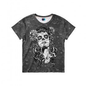 Детская футболка 3D с принтом Sugar girl в Белгороде, 100% гипоаллергенный полиэфир | прямой крой, круглый вырез горловины, длина до линии бедер, чуть спущенное плечо, ткань немного тянется | death | dia | helloween | witch | праздник | хелоуин | хэллоуин | череп
