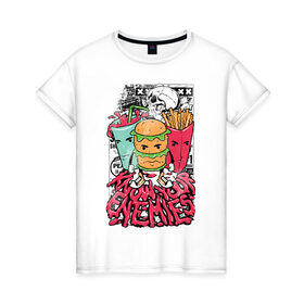 Женская футболка хлопок с принтом Angry Food в Белгороде, 100% хлопок | прямой крой, круглый вырез горловины, длина до линии бедер, слегка спущенное плечо | бургер | газировка | граффити | еда | картошка | крест | рок | череп