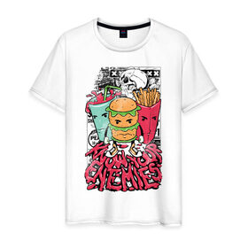 Мужская футболка хлопок с принтом Angry Food в Белгороде, 100% хлопок | прямой крой, круглый вырез горловины, длина до линии бедер, слегка спущенное плечо. | бургер | газировка | граффити | еда | картошка | крест | рок | череп