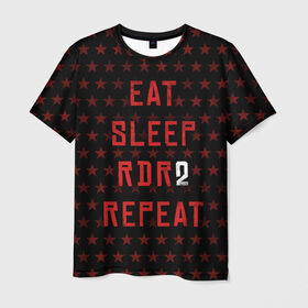 Мужская футболка 3D с принтом Eat Sleep RDR2 Repeat в Белгороде, 100% полиэфир | прямой крой, круглый вырез горловины, длина до линии бедер | Тематика изображения на принте: dead | die | eat | flag | game | games | gta | rdr | rdr2 | red | redemption | repeat | rockstar | sleep | sun | western | вестерн | выкуп | гта | дикий | запад | игра | игры | красный | мертвый | рдр | рдр2 | рокстар | солнце