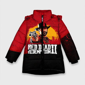 Зимняя куртка для девочек 3D с принтом Red Dead Redemption 2 в Белгороде, ткань верха — 100% полиэстер; подклад — 100% полиэстер, утеплитель — 100% полиэстер. | длина ниже бедра, удлиненная спинка, воротник стойка и отстегивающийся капюшон. Есть боковые карманы с листочкой на кнопках, утяжки по низу изделия и внутренний карман на молнии. 

Предусмотрены светоотражающий принт на спинке, радужный светоотражающий элемент на пуллере молнии и на резинке для утяжки. | Тематика изображения на принте: dead | die | flag | game | games | gta | rdr | rdr2 | red | redemption | rockstar | sun | sunset | western | вестерн | выкуп | гта | дикий | закат | запад | игра | игры | красный | мертвый | поле | рдр | рдр2 | рокстар | солнце