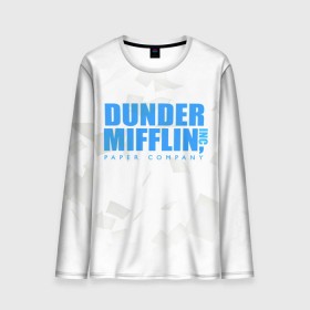 Мужской лонгслив 3D с принтом Dunder Mifflin (The Office) в Белгороде, 100% полиэстер | длинные рукава, круглый вырез горловины, полуприлегающий силуэт | Тематика изображения на принте: company | dunder | inc | mifflin | office | paper | the | бумага | бумаги | бумажная | дандер | компания | контора | корпорация | листочки | листы | лого | логотип | миффлин | офис | оффис | сериал | сериалы | символ | синий