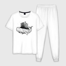 Мужская пижама хлопок с принтом Whale forest в Белгороде, 100% хлопок | брюки и футболка прямого кроя, без карманов, на брюках мягкая резинка на поясе и по низу штанин
 | абстракция | кит | лес | природа