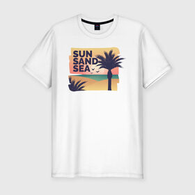 Мужская футболка хлопок Slim с принтом Солнце, песок, море в Белгороде, 92% хлопок, 8% лайкра | приталенный силуэт, круглый вырез ворота, длина до линии бедра, короткий рукав | лето | море | отдых | пальма | песок | пляж | путешествия | солнце
