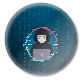 Значок с принтом Anonymous hacker в Белгороде,  металл | круглая форма, металлическая застежка в виде булавки | Тематика изображения на принте: anonymous | hacker | it | аноним | взлом | компьютер | ноутбук | программист | хакер