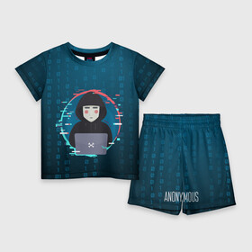 Детский костюм с шортами 3D с принтом Anonymous hacker в Белгороде,  |  | anonymous | hacker | it | аноним | взлом | компьютер | ноутбук | программист | хакер