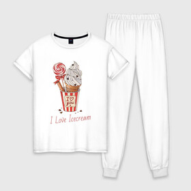 Женская пижама хлопок с принтом I Love Icecream в Белгороде, 100% хлопок | брюки и футболка прямого кроя, без карманов, на брюках мягкая резинка на поясе и по низу штанин | icecream | любовь | мороженое | сладость
