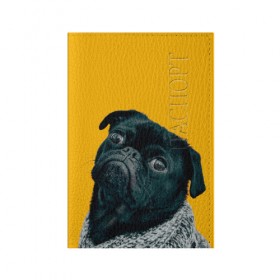 Обложка для паспорта матовая кожа с принтом Бульдожка в Белгороде, натуральная матовая кожа | размер 19,3 х 13,7 см; прозрачные пластиковые крепления | Тематика изображения на принте: бульдог | паг | пес | собака | черный