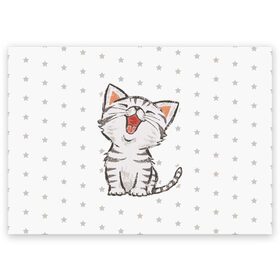 Поздравительная открытка с принтом Милейший Котик в Белгороде, 100% бумага | плотность бумаги 280 г/м2, матовая, на обратной стороне линовка и место для марки
 | Тематика изображения на принте: cat | cats | cute | kitten | kitty | pussy | smile | звезды | кот | котенок | котик | котики | коты | котята | кошечка | кошечки | кошка | кошки | милая | милота | милый | полосатый | смеется | улыбается | улыбака | улыбка