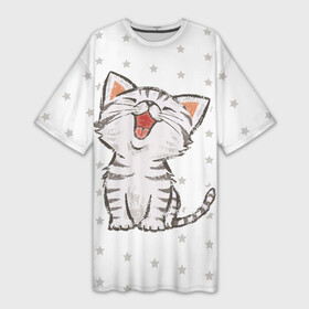 Платье-футболка 3D с принтом Милейший Котик в Белгороде,  |  | cat | cats | cute | kitten | kitty | pussy | smile | звезды | кот | котенок | котик | котики | коты | котята | кошечка | кошечки | кошка | кошки | милая | милота | милый | полосатый | смеется | улыбается | улыбака | улыбка