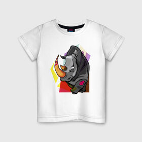 Детская футболка хлопок с принтом Носорог в Белгороде, 100% хлопок | круглый вырез горловины, полуприлегающий силуэт, длина до линии бедер | 