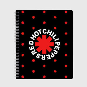 Тетрадь с принтом Red Hot Chili Peppers в Белгороде, 100% бумага | 48 листов, плотность листов — 60 г/м2, плотность картонной обложки — 250 г/м2. Листы скреплены сбоку удобной пружинной спиралью. Уголки страниц и обложки скругленные. Цвет линий — светло-серый
 | Тематика изображения на принте: chili | cross | hot | logo | music | peppers | red | red hot chili peppers | rhcp | rock | star | symbol | звезда | звездочка | красная | красный | крест | логотип | музыка | перцы | рок | символ | цветок | цветочек | чили