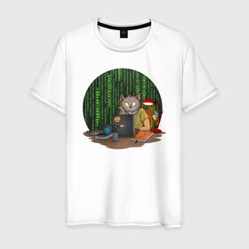 Мужская футболка хлопок с принтом IT - кот в Белгороде, 100% хлопок | прямой крой, круглый вырез горловины, длина до линии бедер, слегка спущенное плечо. | birdborn | it | компьютер | кот | подарок | программист | профессия