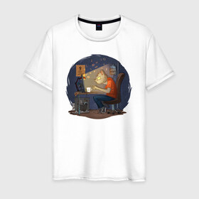 Мужская футболка хлопок с принтом IT - кот в Белгороде, 100% хлопок | прямой крой, круглый вырез горловины, длина до линии бедер, слегка спущенное плечо. | birdborn | it | админ | подарок | программист | профессия | работа