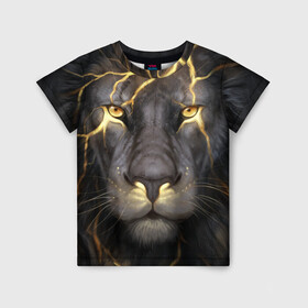 Детская футболка 3D с принтом Лев с молнией в Белгороде, 100% гипоаллергенный полиэфир | прямой крой, круглый вырез горловины, длина до линии бедер, чуть спущенное плечо, ткань немного тянется | глаза | гроза | зверь | король | кот | кошка | прайд | царь | шрам