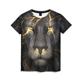 Женская футболка 3D с принтом Лев с молнией в Белгороде, 100% полиэфир ( синтетическое хлопкоподобное полотно) | прямой крой, круглый вырез горловины, длина до линии бедер | глаза | гроза | зверь | король | кот | кошка | прайд | царь | шрам
