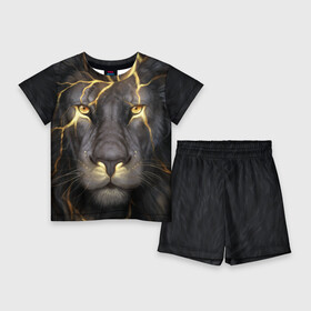 Детский костюм с шортами 3D с принтом Лев с молнией в Белгороде,  |  | глаза | гроза | зверь | король | кот | кошка | прайд | царь | шрам