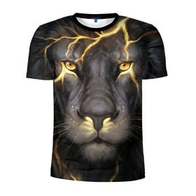 Мужская футболка 3D спортивная с принтом Лев с молнией в Белгороде, 100% полиэстер с улучшенными характеристиками | приталенный силуэт, круглая горловина, широкие плечи, сужается к линии бедра | глаза | гроза | зверь | король | кот | кошка | прайд | царь | шрам