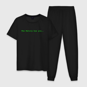Мужская пижама хлопок с принтом The Matrix has you... в Белгороде, 100% хлопок | брюки и футболка прямого кроя, без карманов, на брюках мягкая резинка на поясе и по низу штанин
 | matrix | андерсон | киану | код | компьютер. монитор. пк | матрица | послание | ривз | сообщение | томас