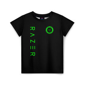 Детская футболка 3D с принтом RAZER в Белгороде, 100% гипоаллергенный полиэфир | прямой крой, круглый вырез горловины, длина до линии бедер, чуть спущенное плечо, ткань немного тянется | 101 | brand | company | gamer | green | logo | mamba | naga | player | razer | rzr | snake | бренд | железо | зеленый | змея | компания | лого | рейзер | софт
