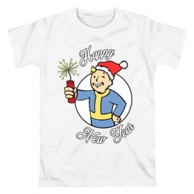 Мужская футболка хлопок с принтом Vault boy: happy new year в Белгороде, 100% хлопок | прямой крой, круглый вырез горловины, длина до линии бедер, слегка спущенное плечо. | 