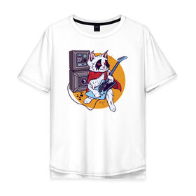 Мужская футболка хлопок Oversize с принтом Кот Рокер в Белгороде, 100% хлопок | свободный крой, круглый ворот, “спинка” длиннее передней части | cat | rock | гитара | кот | котик | музыка | рок | рокер
