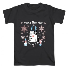 Мужская футболка хлопок с принтом Котейко Счастливый Новый год в Белгороде, 100% хлопок | прямой крой, круглый вырез горловины, длина до линии бедер, слегка спущенное плечо. | котики | коты | кошки | новый год