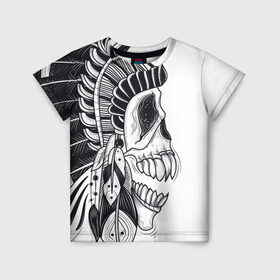 Детская футболка 3D с принтом Индейский демон в Белгороде, 100% гипоаллергенный полиэфир | прямой крой, круглый вырез горловины, длина до линии бедер, чуть спущенное плечо, ткань немного тянется | indian | skeleton | skull | демон | индеец | перья | скелет | череп