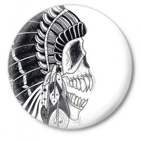 Значок с принтом Индейский демон в Белгороде,  металл | круглая форма, металлическая застежка в виде булавки | Тематика изображения на принте: indian | skeleton | skull | демон | индеец | перья | скелет | череп