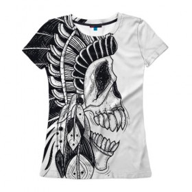 Женская футболка 3D с принтом Индейский демон в Белгороде, 100% полиэфир ( синтетическое хлопкоподобное полотно) | прямой крой, круглый вырез горловины, длина до линии бедер | indian | skeleton | skull | демон | индеец | перья | скелет | череп