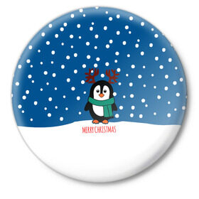 Значок с принтом Праздничный пингвинчик в Белгороде,  металл | круглая форма, металлическая застежка в виде булавки | christmas | deer | new | pinguin | snow | snowflakes | winter | xmas | year | год | зима | новый | олень | пингвин | рождество | снег | снежинки