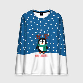 Мужской лонгслив 3D с принтом Праздничный пингвинчик в Белгороде, 100% полиэстер | длинные рукава, круглый вырез горловины, полуприлегающий силуэт | christmas | deer | new | pinguin | snow | snowflakes | winter | xmas | year | год | зима | новый | олень | пингвин | рождество | снег | снежинки