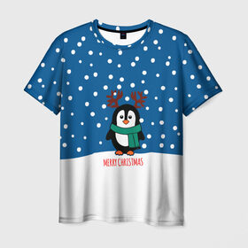 Мужская футболка 3D с принтом Праздничный пингвинчик в Белгороде, 100% полиэфир | прямой крой, круглый вырез горловины, длина до линии бедер | christmas | deer | new | pinguin | snow | snowflakes | winter | xmas | year | год | зима | новый | олень | пингвин | рождество | снег | снежинки