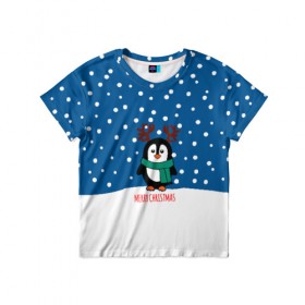 Детская футболка 3D с принтом Праздничный пингвинчик в Белгороде, 100% гипоаллергенный полиэфир | прямой крой, круглый вырез горловины, длина до линии бедер, чуть спущенное плечо, ткань немного тянется | Тематика изображения на принте: christmas | deer | new | pinguin | snow | snowflakes | winter | xmas | year | год | зима | новый | олень | пингвин | рождество | снег | снежинки