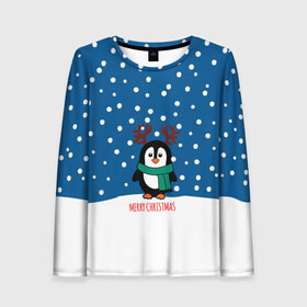 Женский лонгслив 3D с принтом Праздничный пингвинчик в Белгороде, 100% полиэстер | длинные рукава, круглый вырез горловины, полуприлегающий силуэт | christmas | deer | new | pinguin | snow | snowflakes | winter | xmas | year | год | зима | новый | олень | пингвин | рождество | снег | снежинки