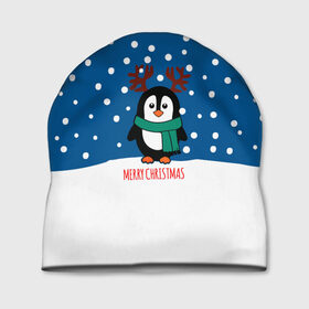 Шапка 3D с принтом Праздничный пингвинчик в Белгороде, 100% полиэстер | универсальный размер, печать по всей поверхности изделия | christmas | deer | new | pinguin | snow | snowflakes | winter | xmas | year | год | зима | новый | олень | пингвин | рождество | снег | снежинки