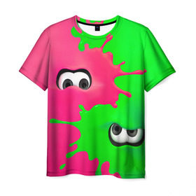 Мужская футболка 3D с принтом Splatoon в Белгороде, 100% полиэфир | прямой крой, круглый вырез горловины, длина до линии бедер | брызги | глаза | зеленый | игра | краски | розовый | салатовый