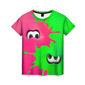 Женская футболка 3D с принтом Splatoon в Белгороде, 100% полиэфир ( синтетическое хлопкоподобное полотно) | прямой крой, круглый вырез горловины, длина до линии бедер | брызги | глаза | зеленый | игра | краски | розовый | салатовый