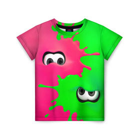 Детская футболка 3D с принтом Splatoon в Белгороде, 100% гипоаллергенный полиэфир | прямой крой, круглый вырез горловины, длина до линии бедер, чуть спущенное плечо, ткань немного тянется | Тематика изображения на принте: брызги | глаза | зеленый | игра | краски | розовый | салатовый