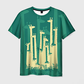 Мужская футболка 3D с принтом Жирафы в Белгороде, 100% полиэфир | прямой крой, круглый вырез горловины, длина до линии бедер | africa | animals | fantasy | giraffes | long | neck | silhouette | spots | stencil | surrealism | аниме | африка | ветки | длинная | животные | жирафы | зелёный | картинка | крутой | листья | лучший | пятна | растения | рисунок | силуэт