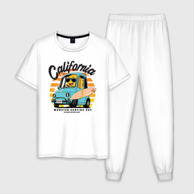 Мужская пижама хлопок с принтом Калифорния в Белгороде, 100% хлопок | брюки и футболка прямого кроя, без карманов, на брюках мягкая резинка на поясе и по низу штанин
 | Тематика изображения на принте: california | surfing | авто | калифорния | лето | монстр | серфинг