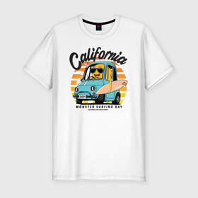 Мужская футболка хлопок Slim с принтом Калифорния в Белгороде, 92% хлопок, 8% лайкра | приталенный силуэт, круглый вырез ворота, длина до линии бедра, короткий рукав | Тематика изображения на принте: california | surfing | авто | калифорния | лето | монстр | серфинг