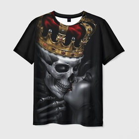 Мужская футболка 3D с принтом Скелет и девушка в Белгороде, 100% полиэфир | прямой крой, круглый вырез горловины, длина до линии бедер | девушка | женщина | король | корона | любовь | пара | поцелуй | скелет | череп