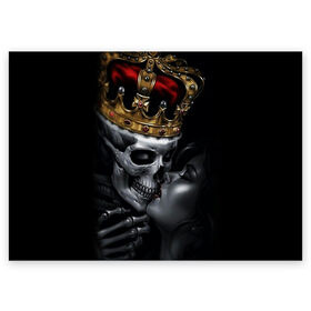 Поздравительная открытка с принтом Скелет и девушка в Белгороде, 100% бумага | плотность бумаги 280 г/м2, матовая, на обратной стороне линовка и место для марки
 | Тематика изображения на принте: девушка | женщина | король | корона | любовь | пара | поцелуй | скелет | череп
